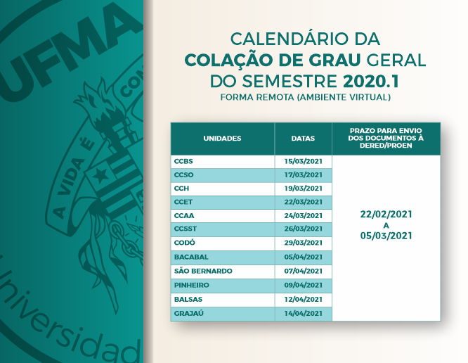 Calendário das Colações de Grau UFMA 2020.1