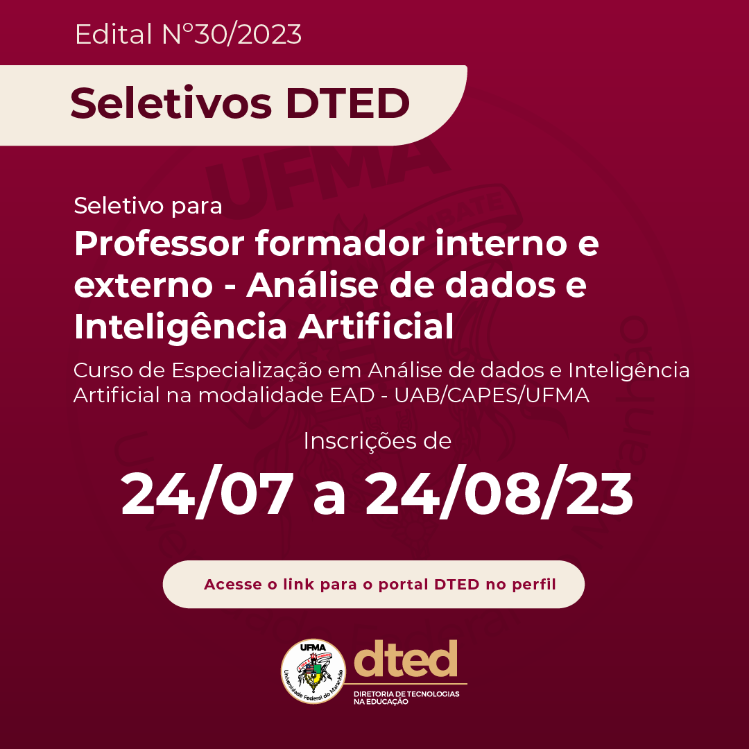 Edital aberto para cargos de professor no Curso de Especialização EAD em Análise de Dados e Inteligência Artificial