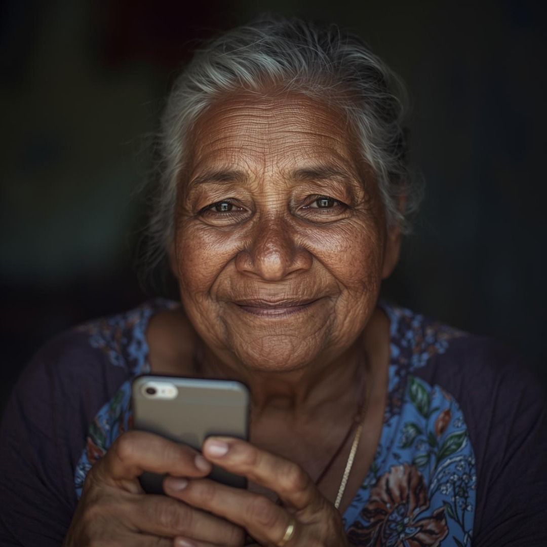 Idosa, quilombola da cidade de AlcÂntara no Maranhão, segurando celular e sorrindo..jpg