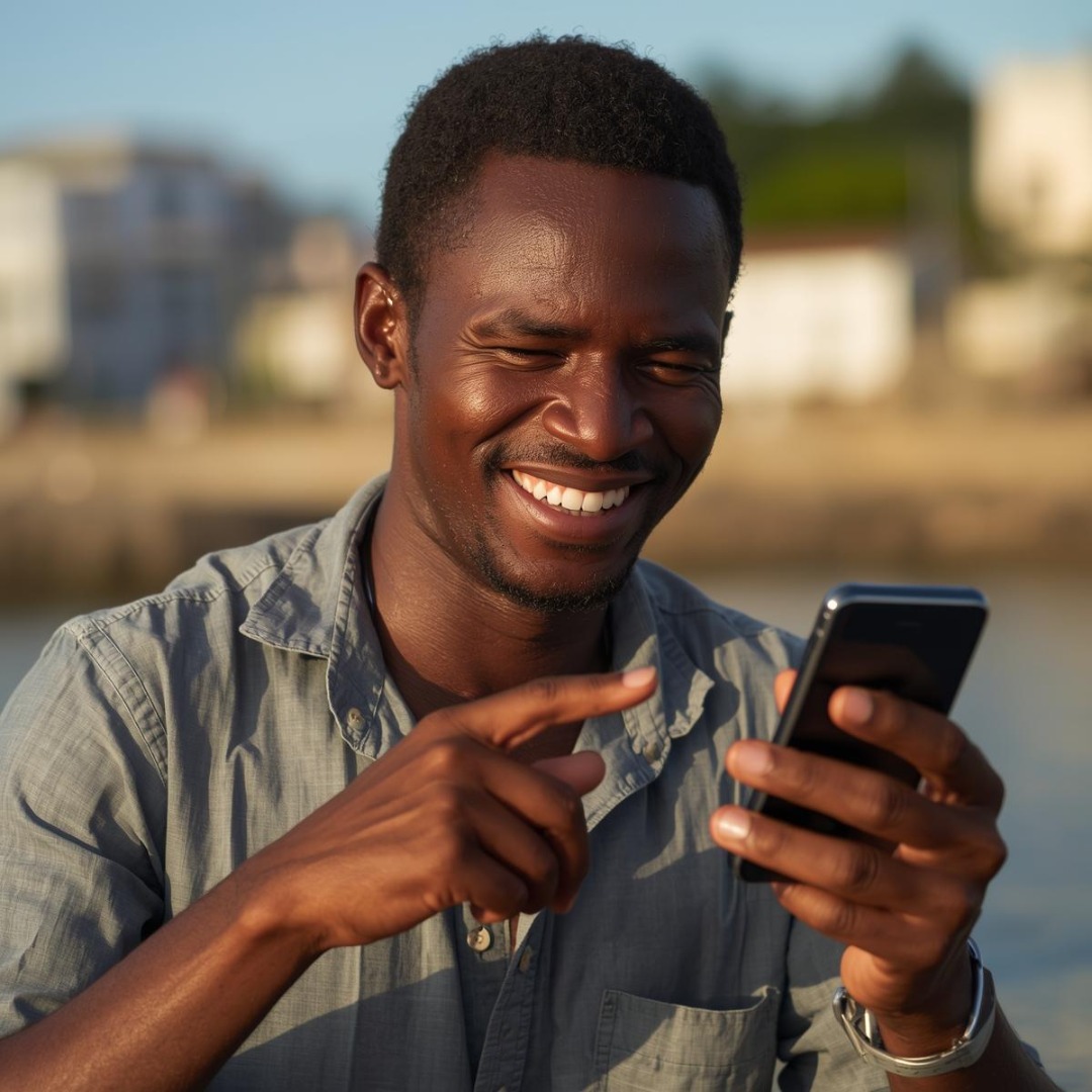 pescador da cidade de Raposa, no Maranhão, segurando celular e sorrindo, acertando acessar o aplicativo, apontando para o celular..jpg