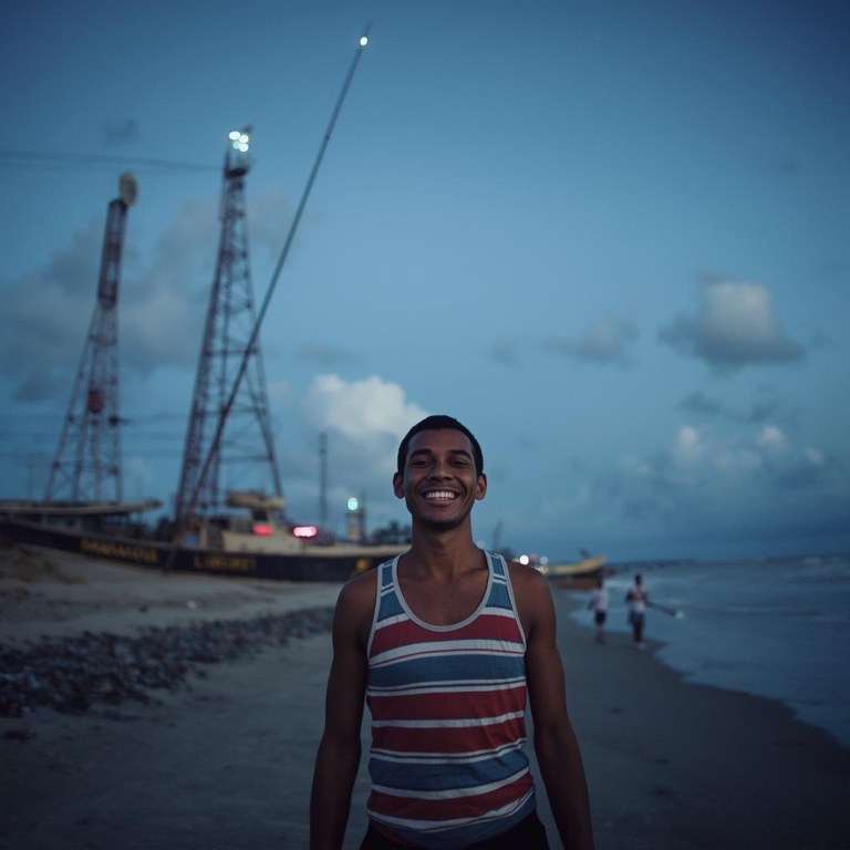 Pescador na praia sorrindo, na cidade de Raposa, no Maranhão. Torres de telefonia por cima com poucas  luzes neon. Alegria. Inovação. letramento digital..jpg