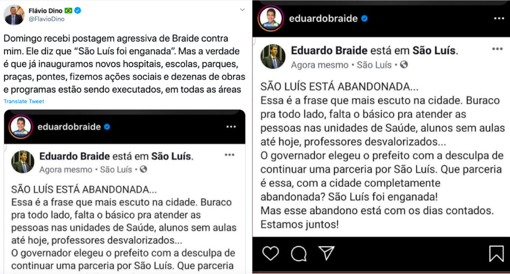 Post Flávio Dino sobre Braide