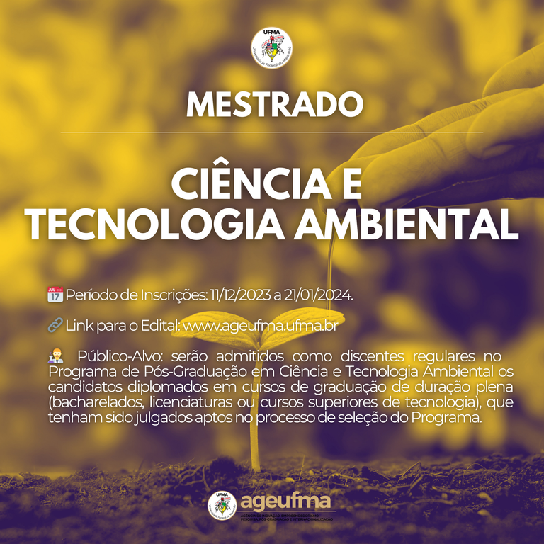 Inscrições para o Mestrado do Programa de Pós-Graduação em Ciência e Tecnologia Ambiental seguem abertas até o dia 21 de janeiro