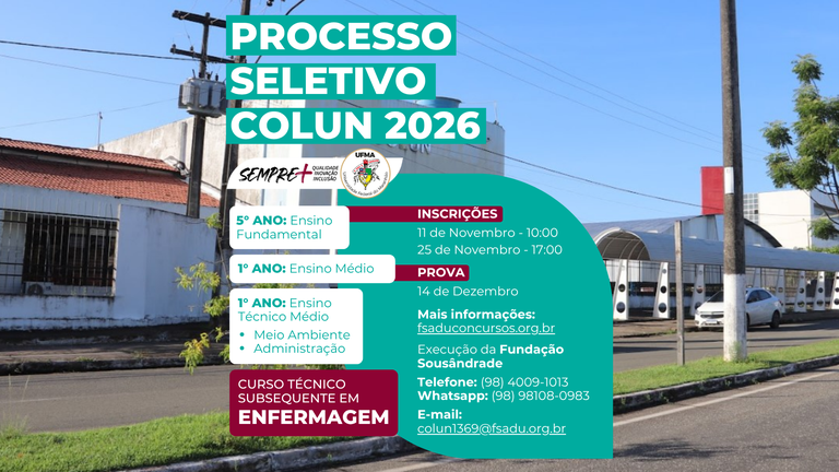 COLUN abre inscrições para o Processo Seletivo 2026 com 150 vagas em diferentes níveis de ensino