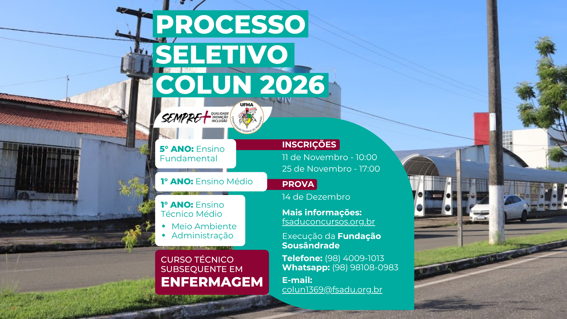 COLUN abre inscrições para o Processo Seletivo 2026 com 150 vagas em diferentes níveis de ensino