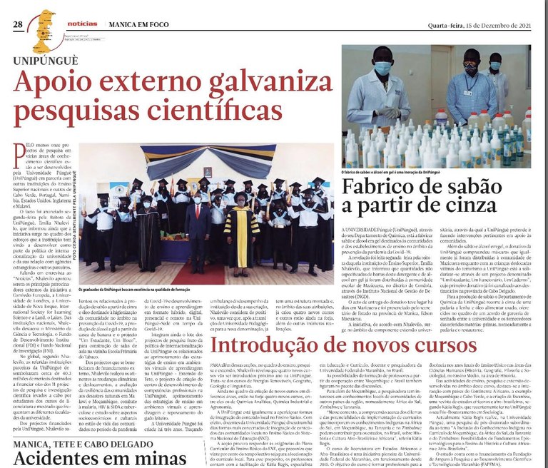 Pesquisa de pós-doutorado de docente dos Estudos Africanos e Afro-Brasileiros é noticiada no jornal de maior circulação nacional em Moçambique.jpg