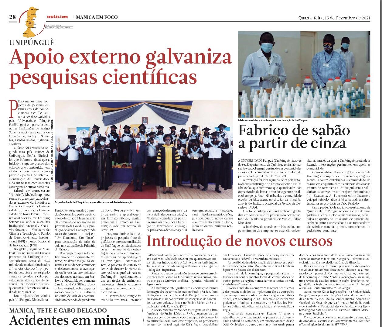 Pesquisa de pós-doutorado de docente dos Estudos Africanos e Afro-Brasileiros é noticiada no jornal de maior circulação nacional em Moçambique.jpg