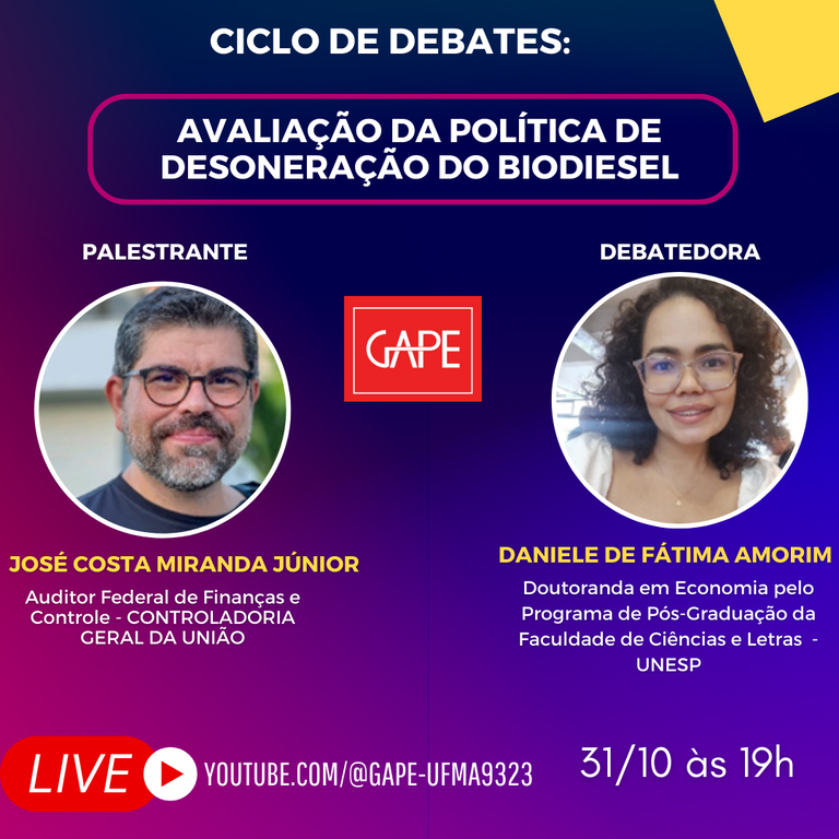 PPGDSE da UFMA promove Ciclo de Debates - Avaliação da Política Nacional de Desoneração do Biodiesel nesta terça-feira, 31