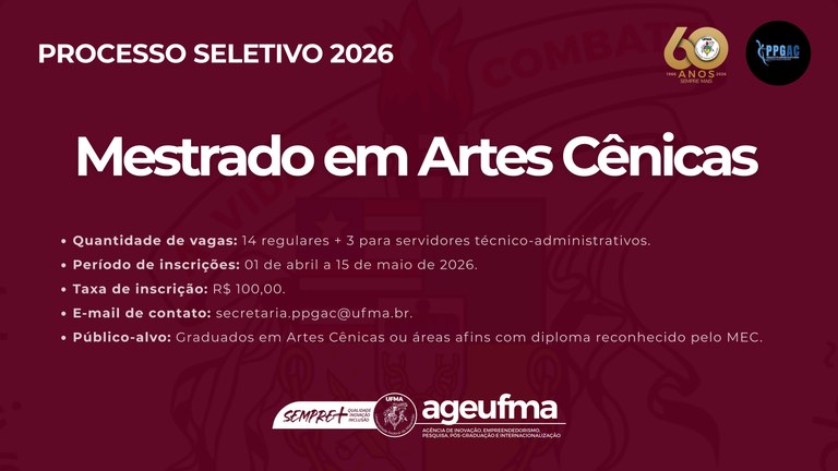 Programa de Pós-Graduação em Artes Cênicas da UFMA está com inscrições abertas para mestrado acadêmico