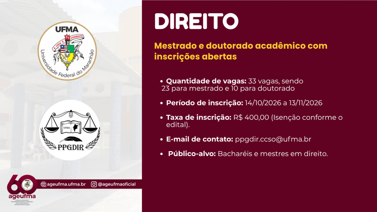 UFMA abre inscrições para mestrado e doutorado em Direito