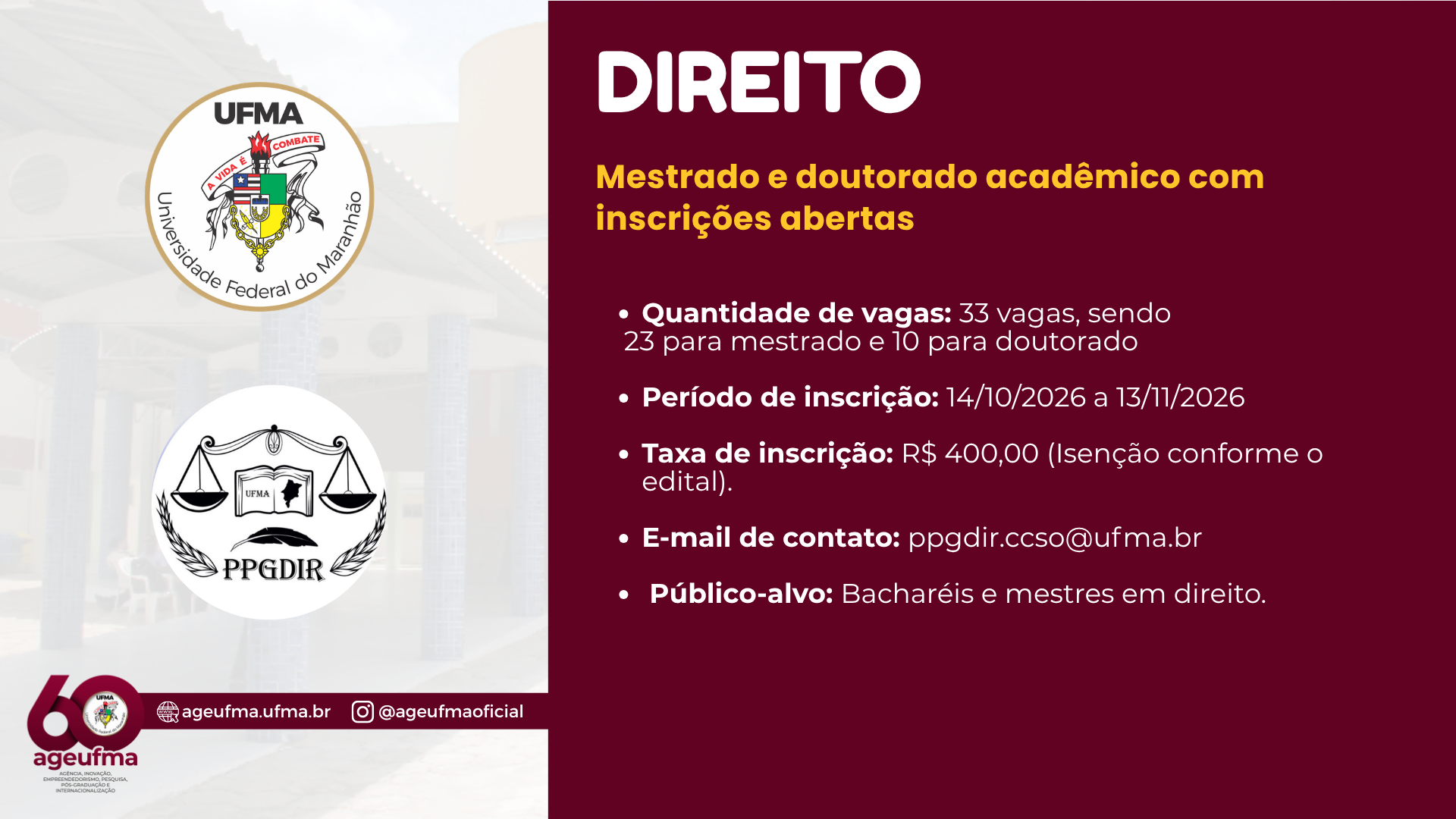 UFMA abre inscrições para mestrado e doutorado em Direito