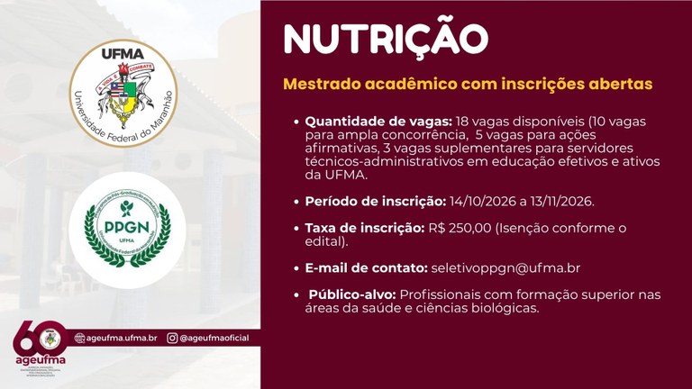 UFMA abre inscrições para mestrado em Nutrição com oferta de 18 vagas