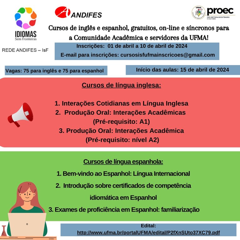 Rede Andifes - Idiomas Sem Fronteiras abre inscrições para cursos on-line de língua estrangeira para alunos e servidores da UFMA