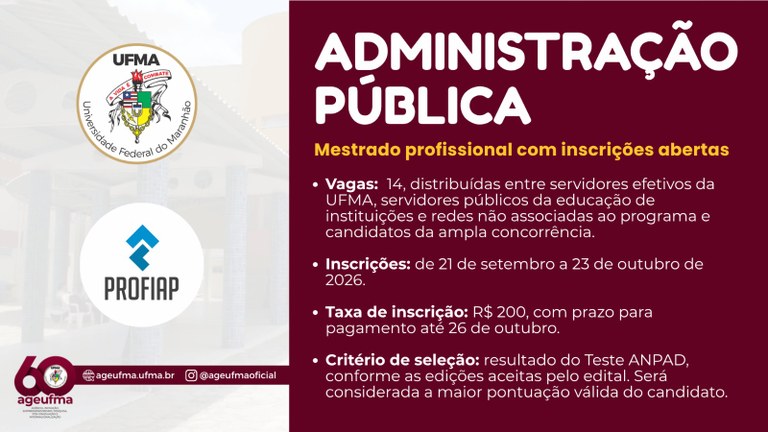 UFMA oferece 14 vagas para mestrado profissional em Administração Pública; inscrições seguem até 23 de outubro