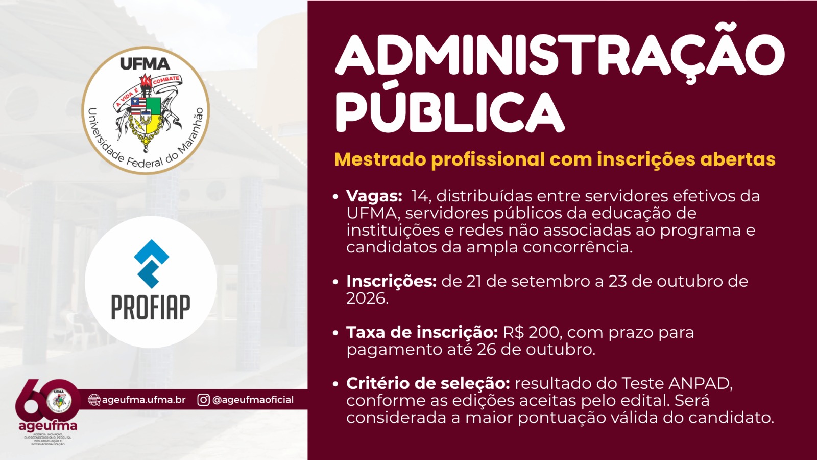 UFMA oferece 14 vagas para mestrado profissional em Administração Pública; inscrições seguem até 23 de outubro