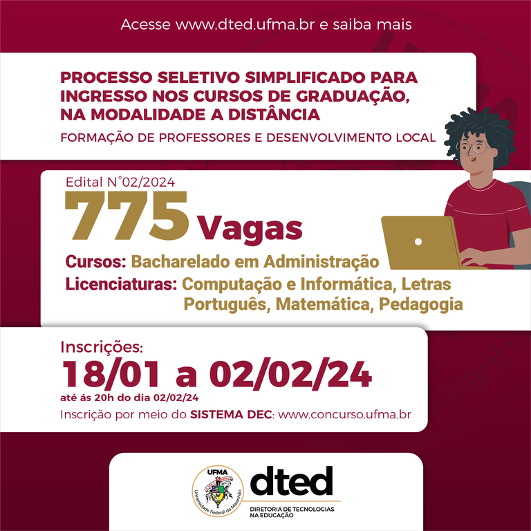 UFMA oferta 775 vagas para ingresso nos cursos de Graduação EAD; Inscrições até 2 de fevereiro