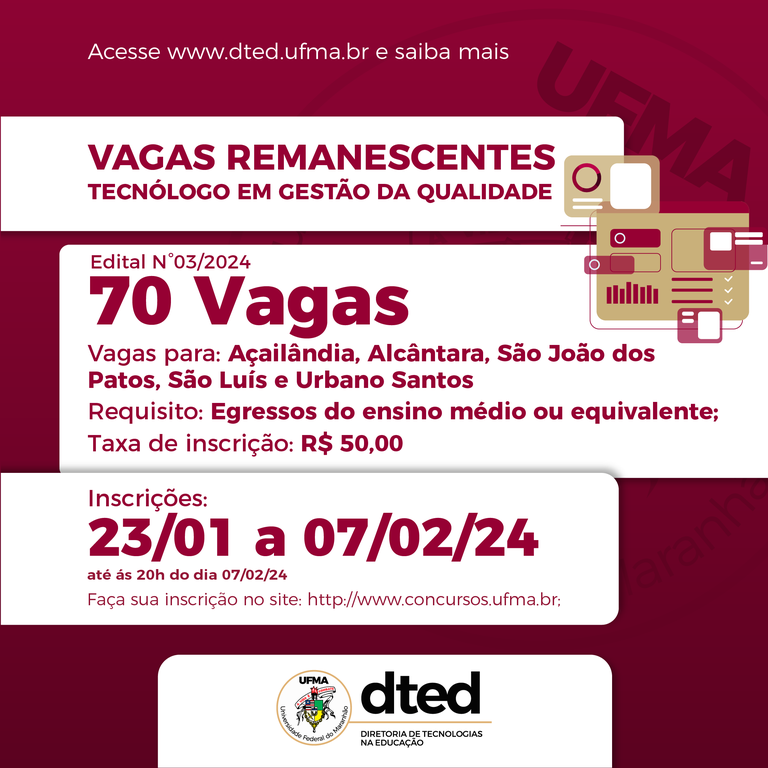 UFMA oferta vagas remanescentes para curso Tecnólogo em Gestão da Qualidade