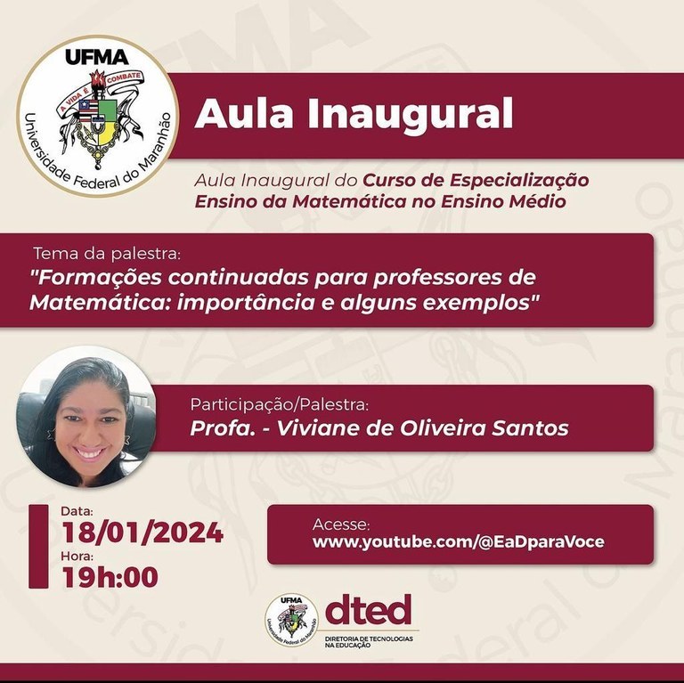 UFMA promove Aula Inaugural do Curso de Especialização em Ensino da Matemática no Ensino Médio nesta quinta-feira, 18