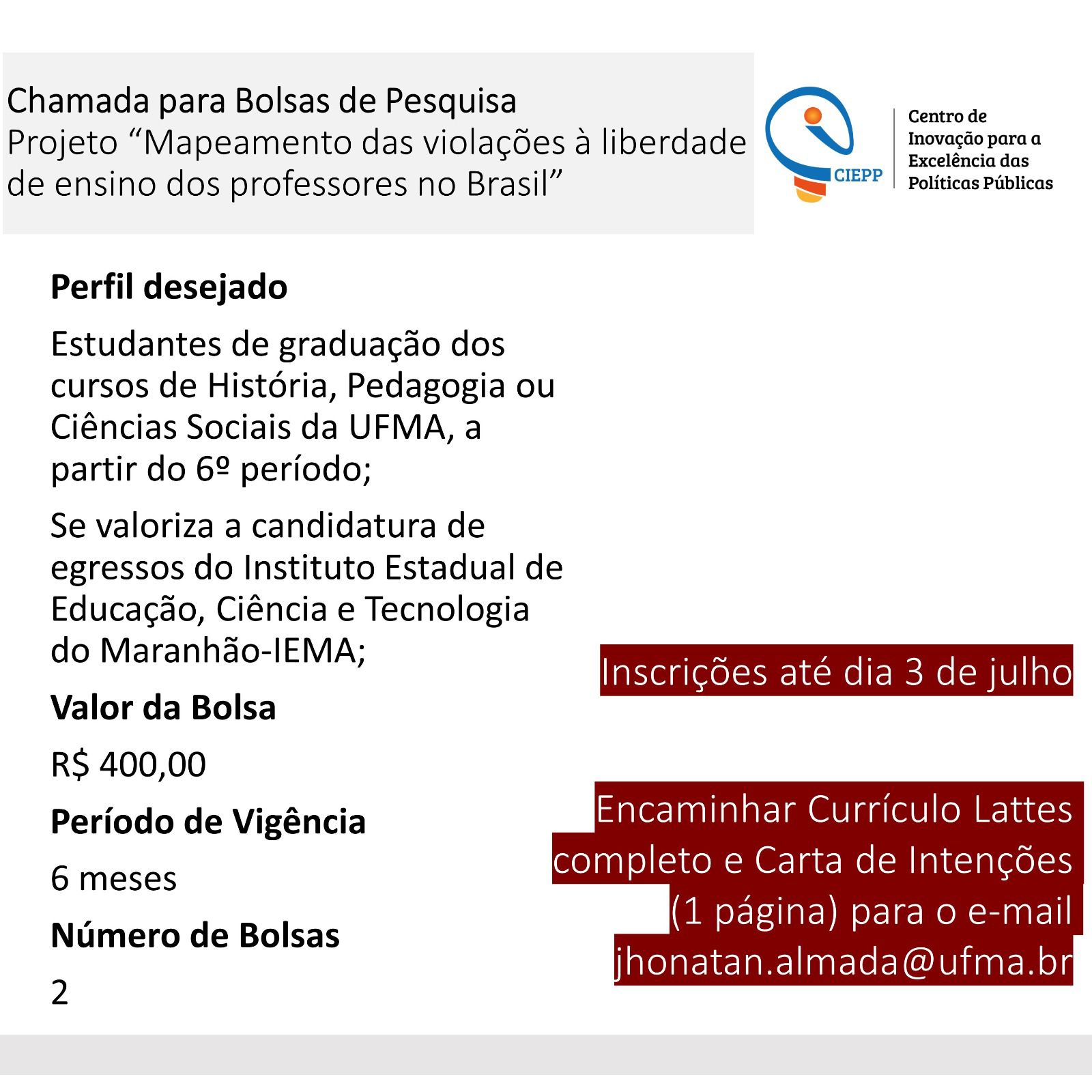 UFMA realiza chamada para bolsas de pesquisa para os discentes dos cursos de História, Pedagogia ou Ciências Sociais do Câmpus São Luís