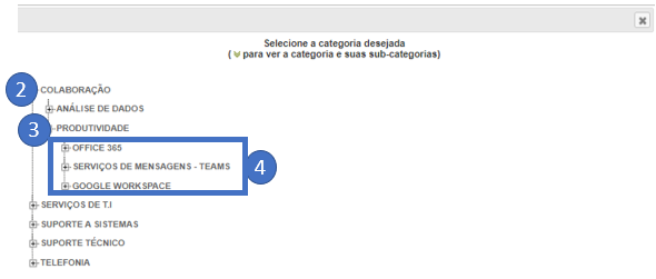 img02.png Imagem mostrando a janela "Selecione a categoria desejada", onde deve ser selecionada a sequencia de opções: (2) Colaboração, (3) Produtividade, (4) OFFICE 365 ou Servicos de Mensagens - Teams ou Google workspace