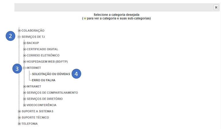 Imagem mostrando a janela de "Selecione a categoria desejada", onde se deve selecionar  a sequencia de opções: (1) Serviços de T.I, (2 )Internet e (3)Solicitação ou Dúvidas.