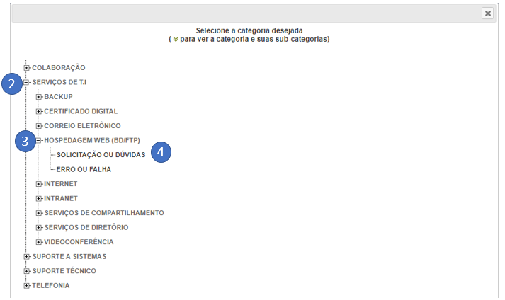 Imagem mostrando a janela "Selecione a categoria desejada" onde deve ser selecionada a sequencia (2) Serviços de T.I. , (3) Hospedagem Web (BD/FTP)e (4) SOLICITAÇÃO OU DÚVIDAS