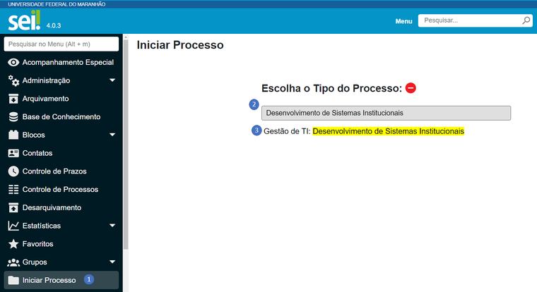 Imagem mostrando a opção (1)Iniciar Processo, seguida do campo (2) Tipo de Processo e da opção (3)Gestão de TI: Desenvolvimento de Sistemas Institucionais