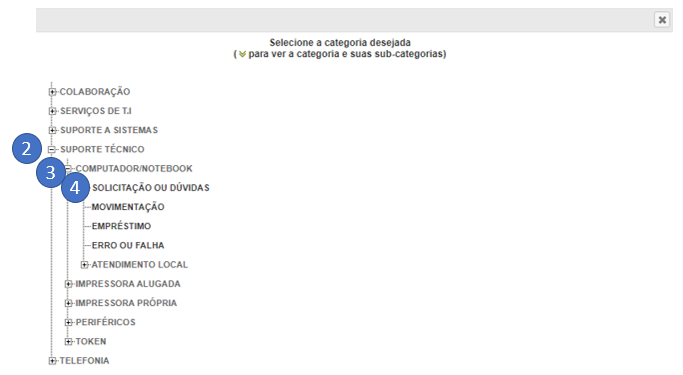 Imagem mostrando a janela "Selecione a categoria desejada", onde deve ser selecionada a sequencia de opções: (2) SUPORTE TÉCNICO, (3) COMPUTADOR/NOTEBOOK , (4) SOLICITAÇÃO OU DÚVIDA 